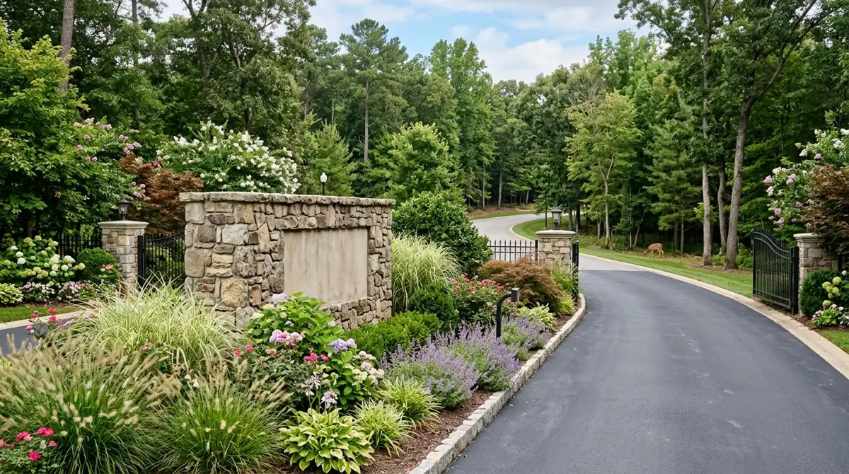 Landscaped HOA community entrance with shrubs and grasses and a deer at the wooded edge