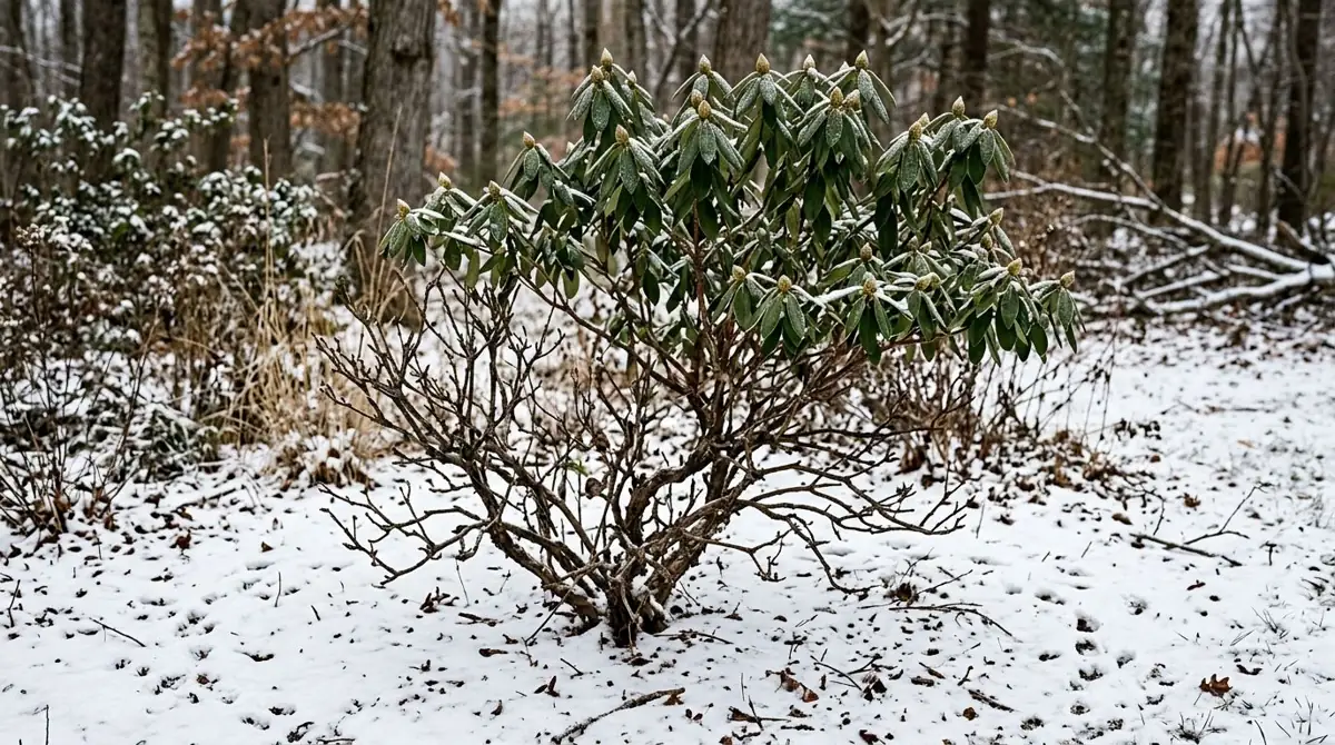 Rhododendron shrub in winter snow with leaves and buds browsed off by deer