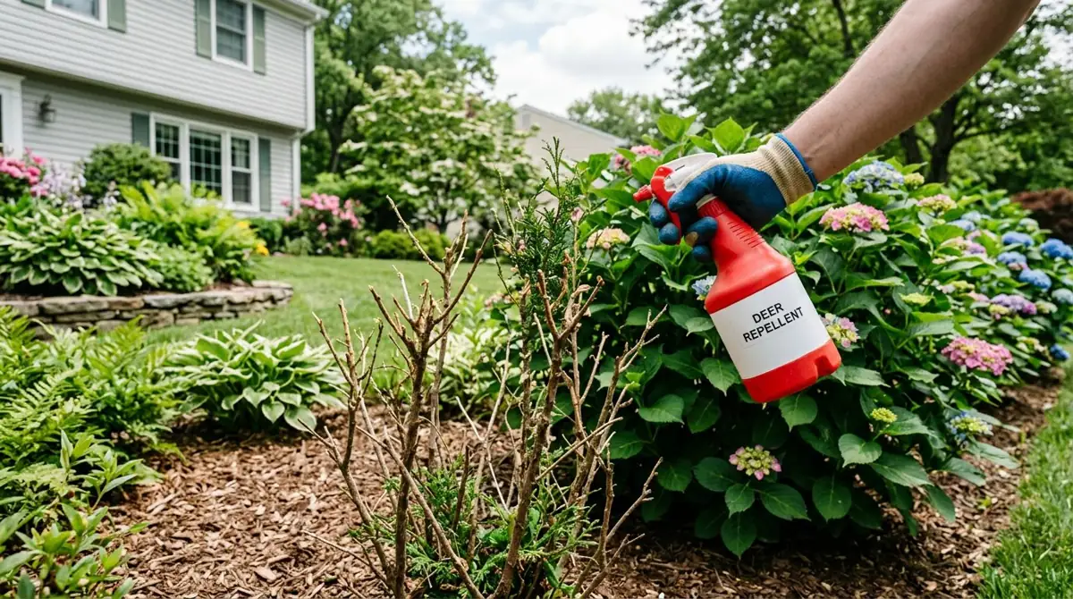 Homeowner spraying store-bought deer repellent on a hydrangea next to deer-browsed shrubs