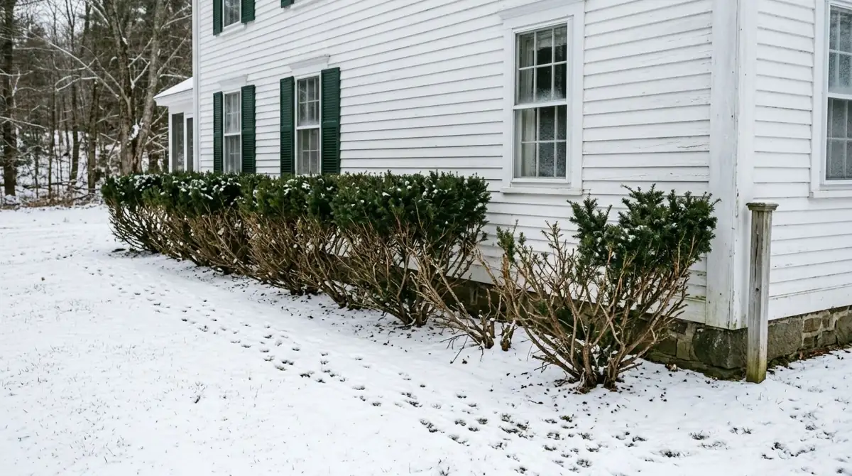 Foundation yew shrubs along a house in winter thinned by deer browsing, with deer tracks in snow