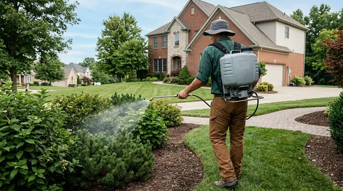 Technician misting deer repellent on a shrub border at a suburban home
