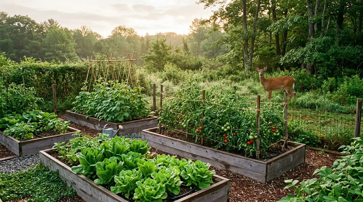 Deer looking into a raised-bed vegetable garden with lettuce and tomatoes