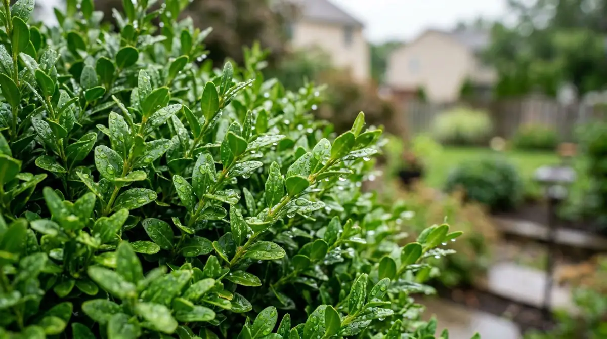 Raindrops on glossy green shrub leaves after a summer rain