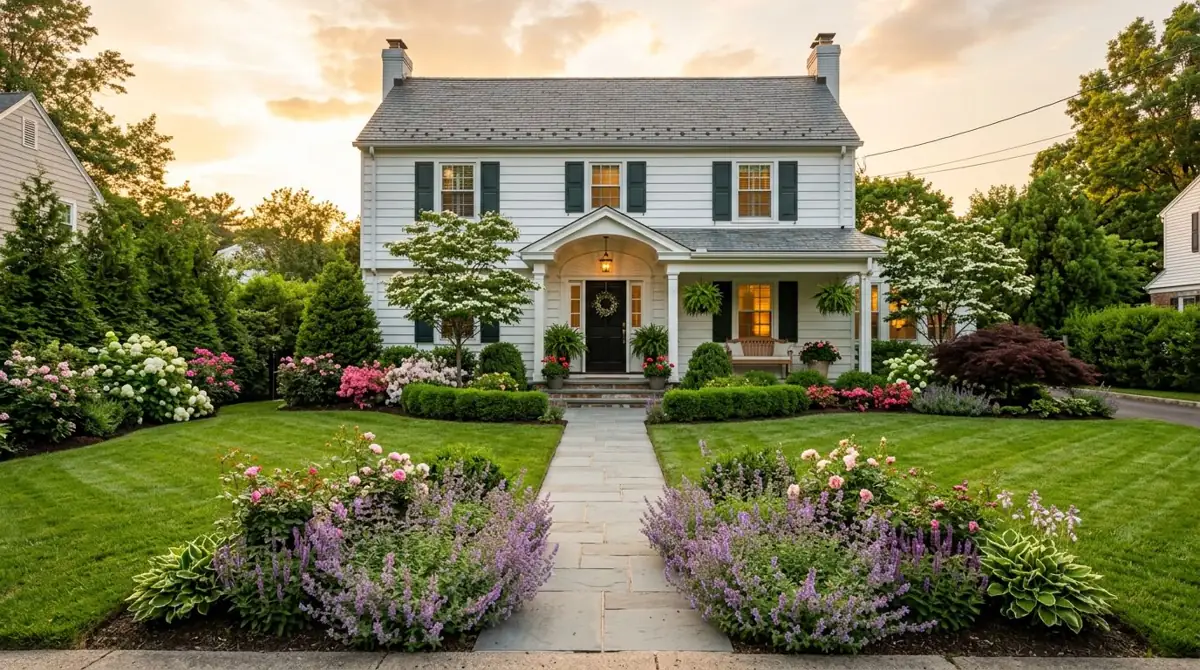 Lush front yard landscape of a Northeast colonial home protected from deer