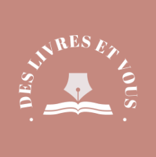 Icône d'un stylo-plume au-dessus d'un livre ouvert avec le texte « Des livres et vous » en arc de cercle sur fond rose.