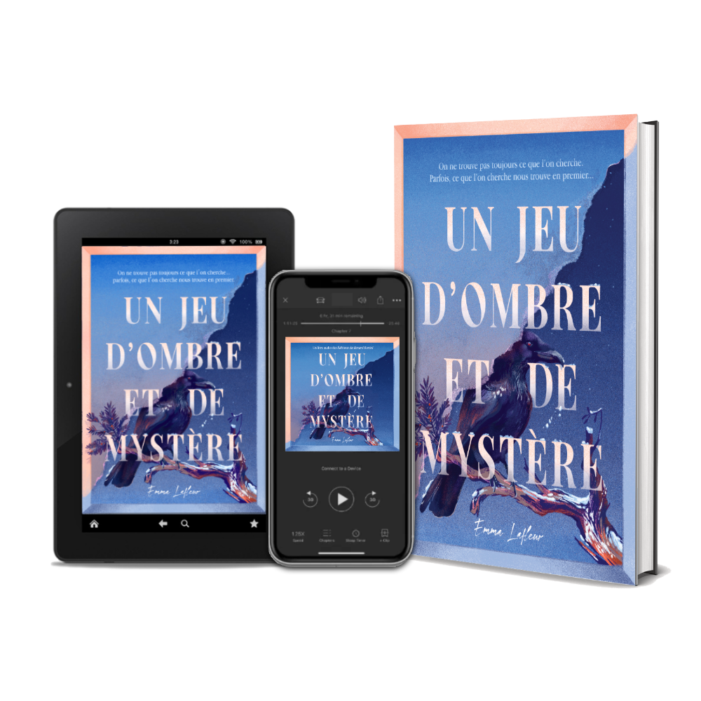 Un livre, une tablette et un téléphone affichant la couverture bleue d'un livre intitulé 'Un Jeu d'Ombre et de Mystère' avec une illustration d'un corbeau sur une branche.