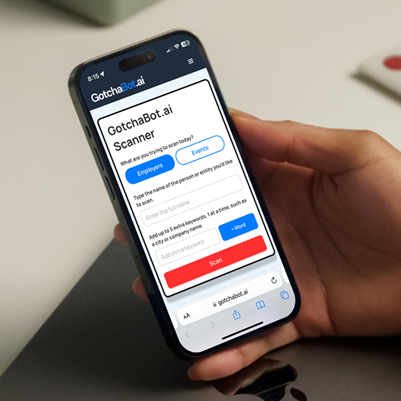 A person holding a mobile phone with the Gotchabot.ai scanner on it. The employer button is currently selected.