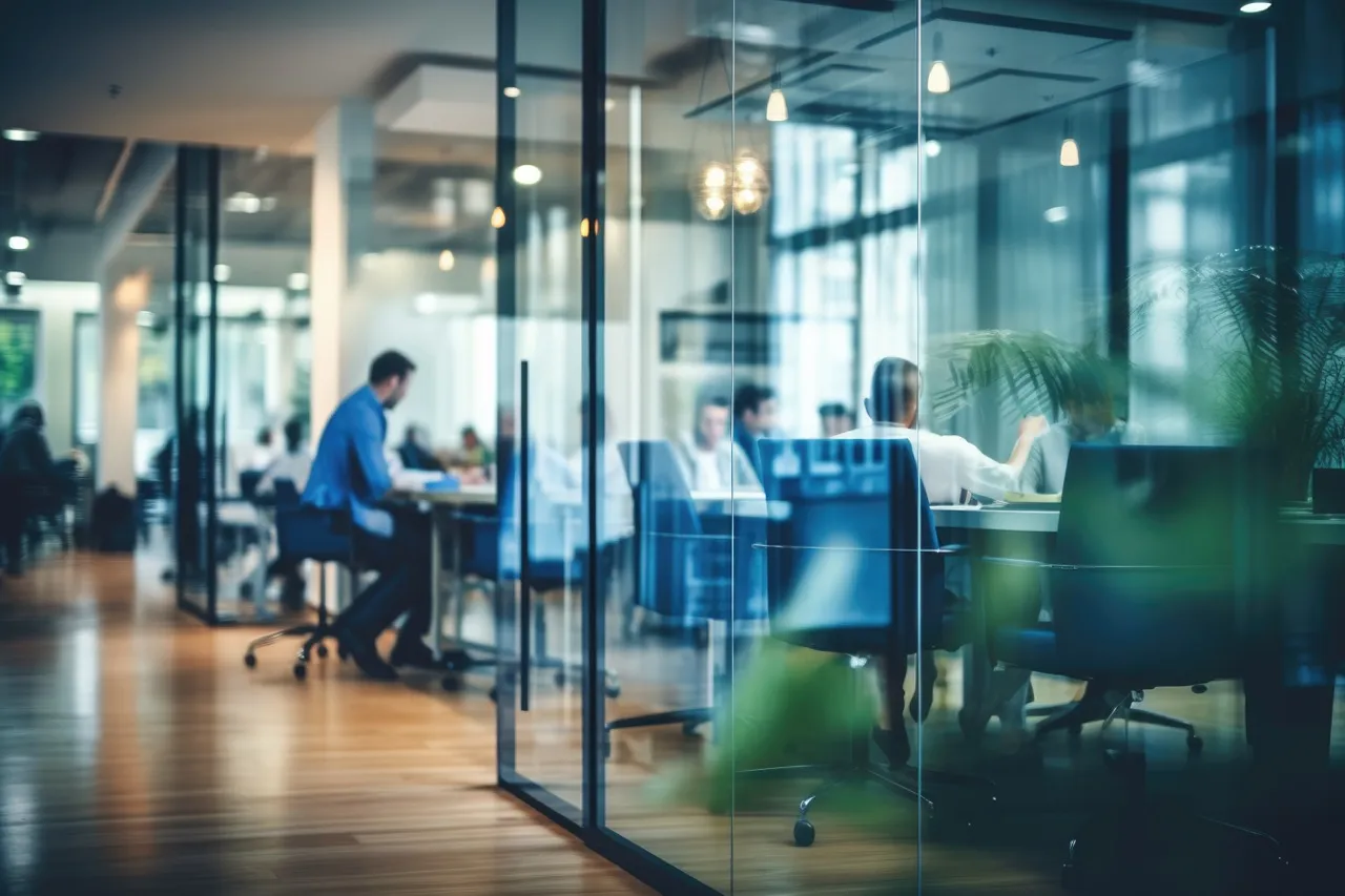 office with glass walls separating meeting rooms