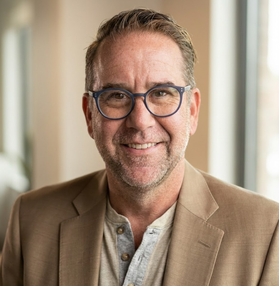 Middle-aged man with short hair, wearing round glasses, a beige blazer, and a grey buttoned shirt smiling indoors.
