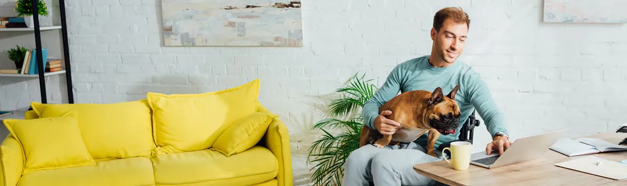 man with a French Bulldog on his lap working at his computer in a mordern loft setting