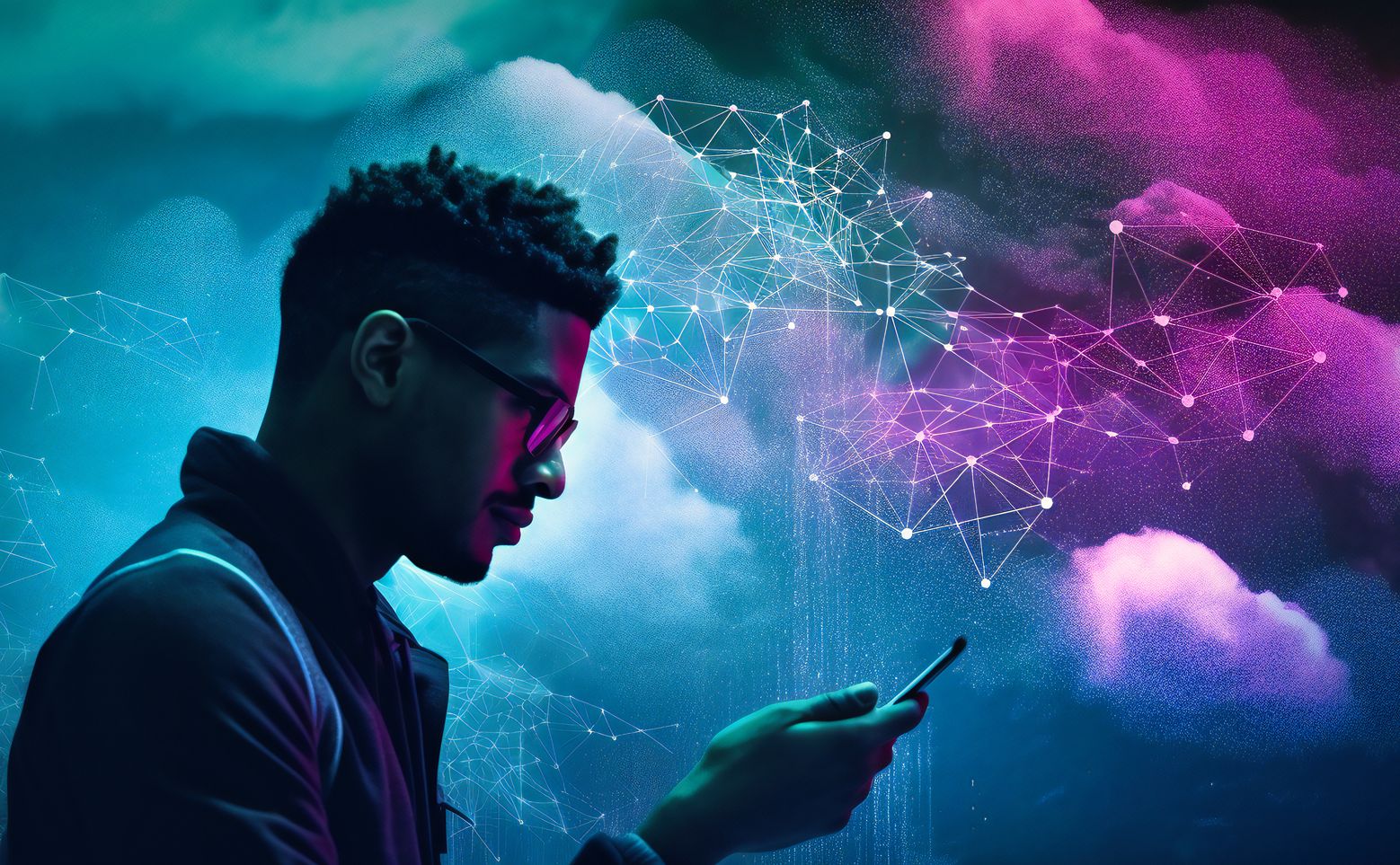 Smiling man in blue shirt standing with crossed arms in office corridor with two colleagues conversing in the background.