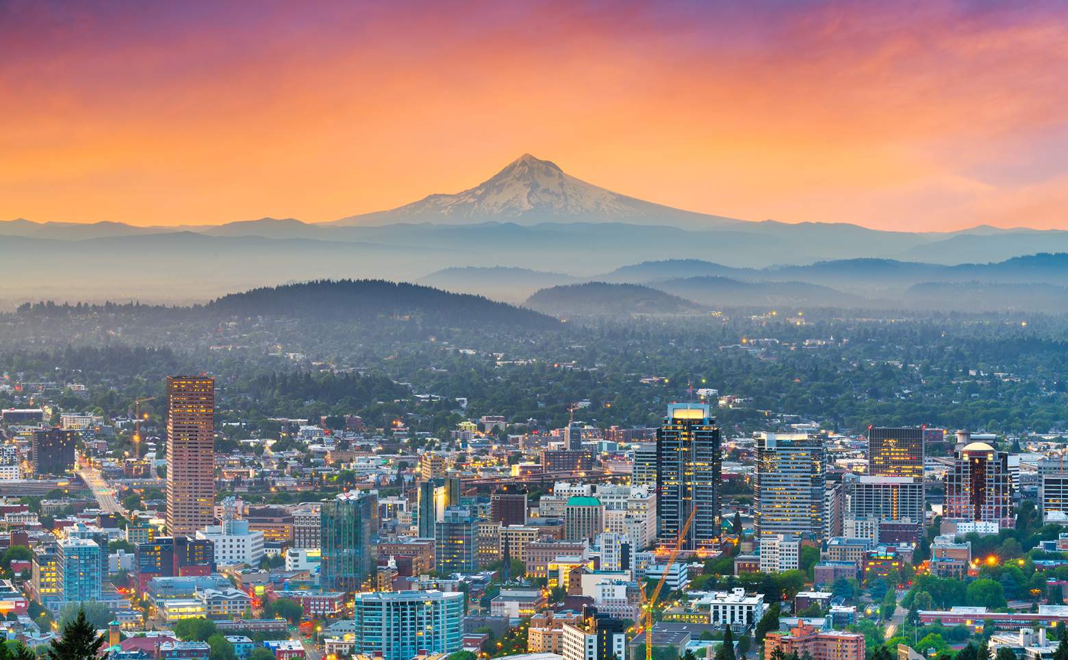 skyline view of Portland, Oregon with Mt. Hood in the background