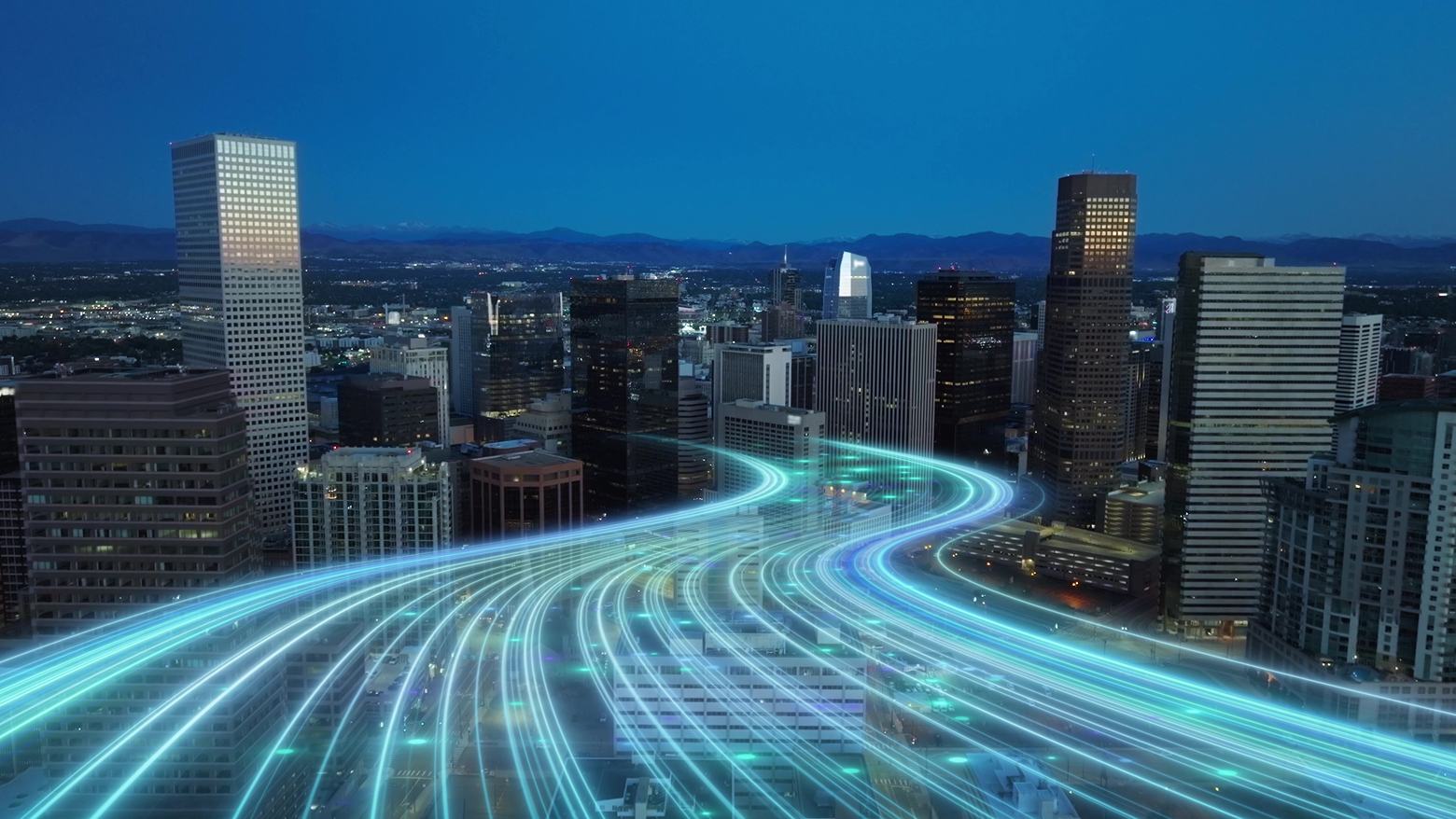 Modern American smart city with skyscrapers and digital animation