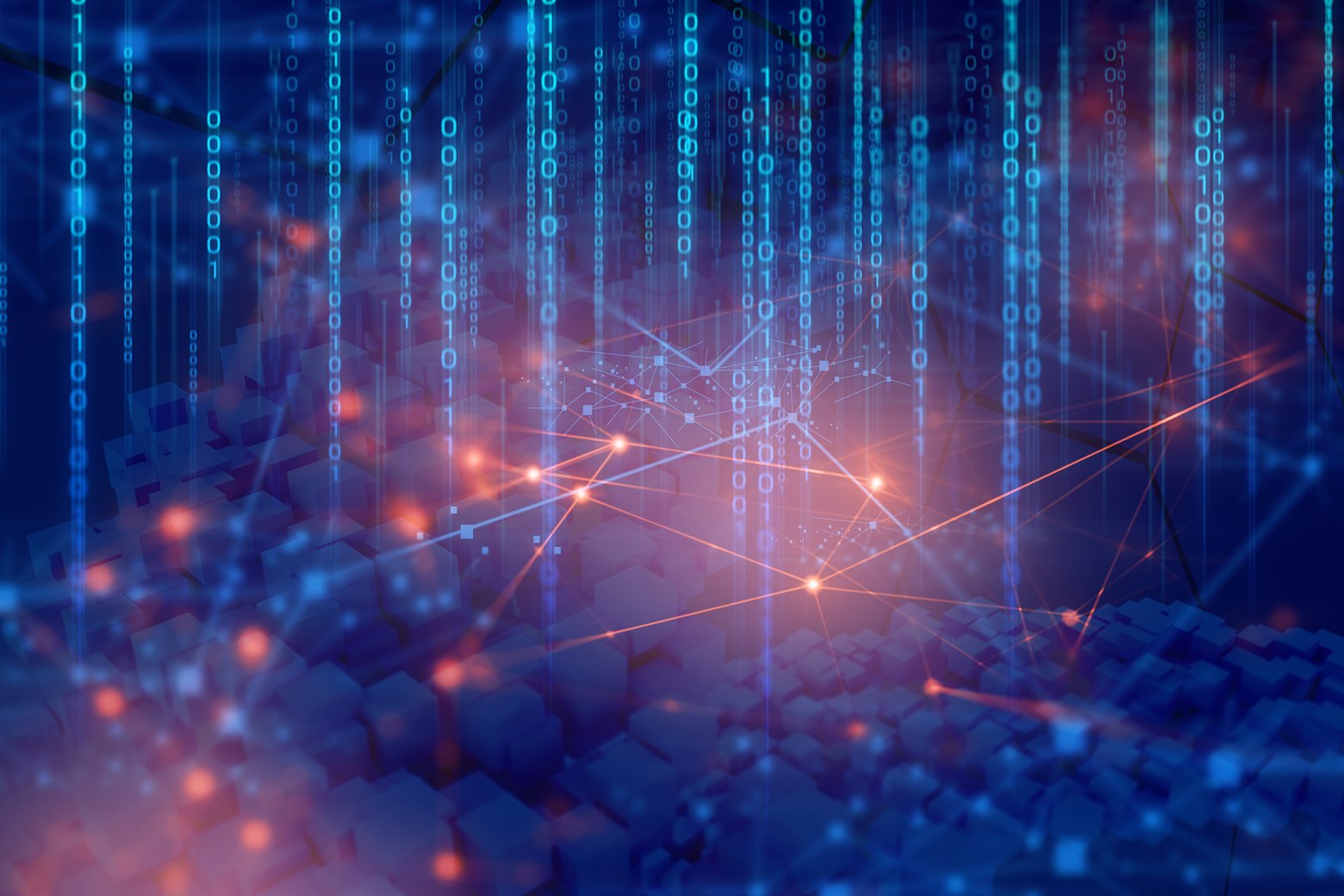 Abstract digital background with columns of blue binary code and glowing orange network connections