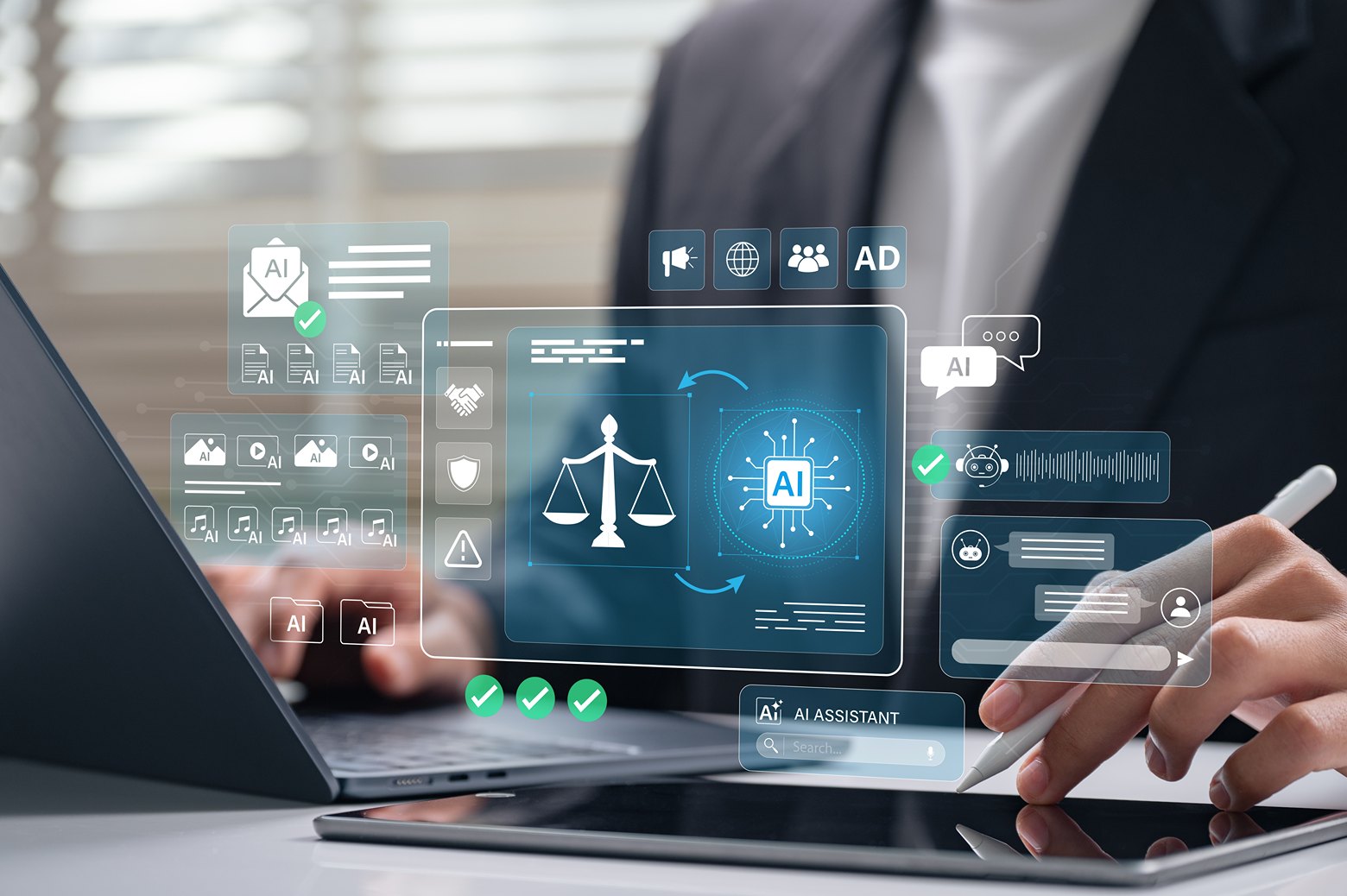 Professional using a tablet with a digital overlay of scales of justice beside an AI chip