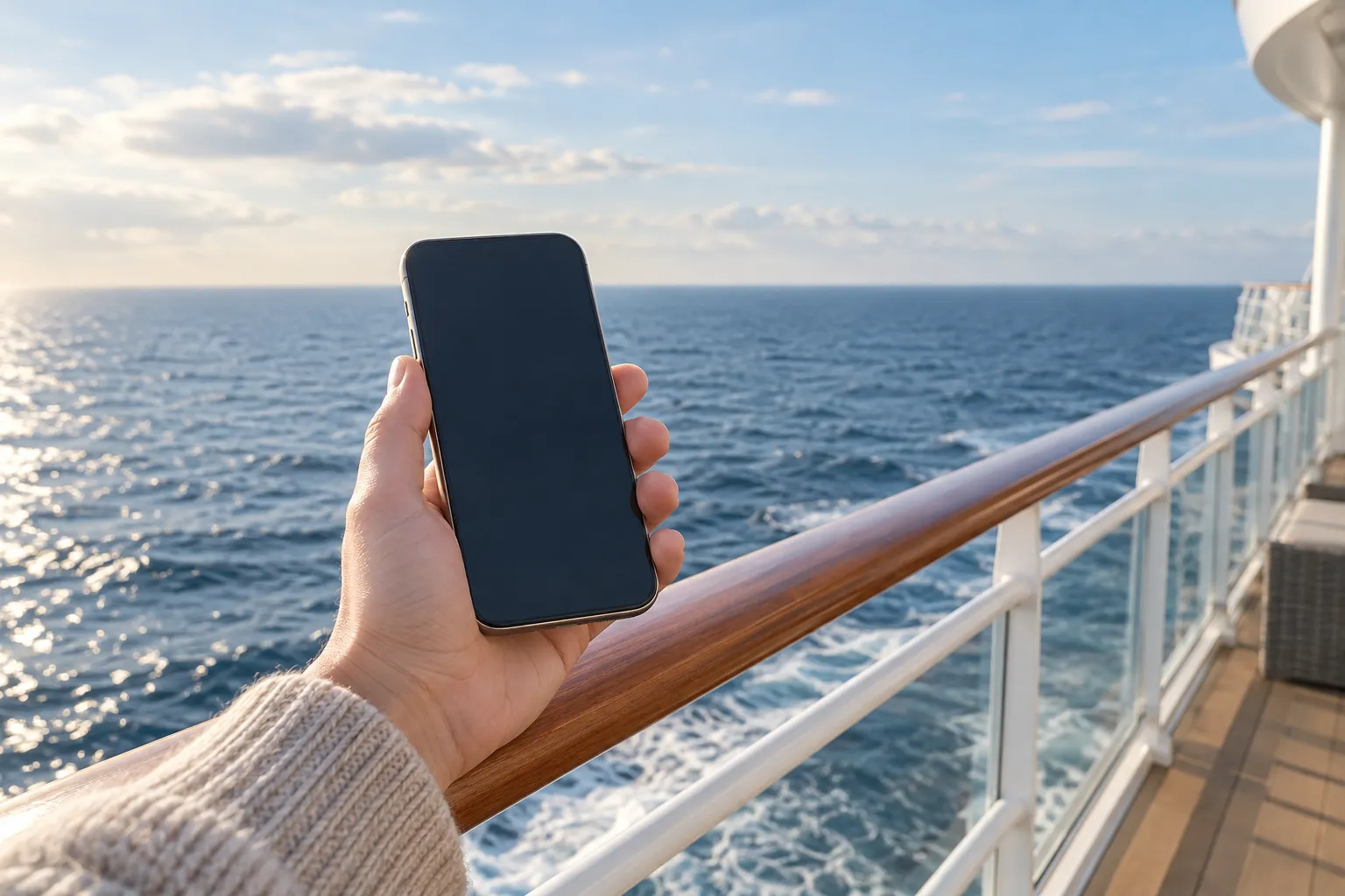 Illustrasjon: Mobiltelefon på dekket av et cruiseskip til sjøs.
