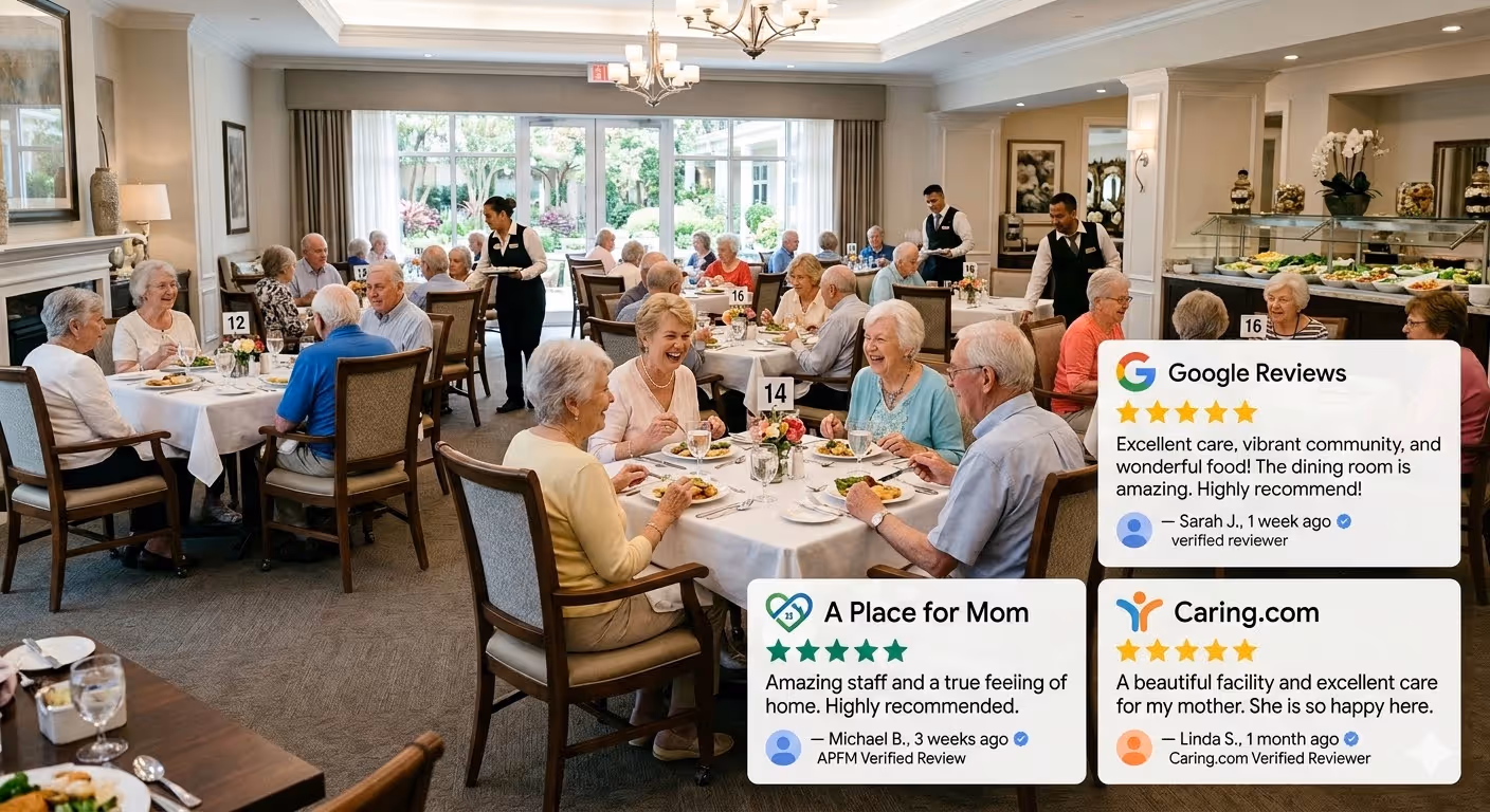 Seniors dining together in a bright, spacious community dining room with waitstaff assisting and three overlaid five-star positive review quotes.