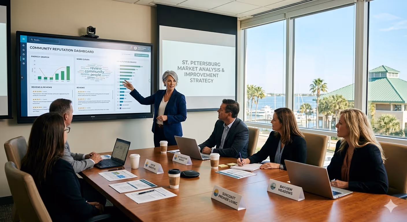 Businesswoman presenting market analysis and improvement strategy to colleagues in a conference room with ocean view.