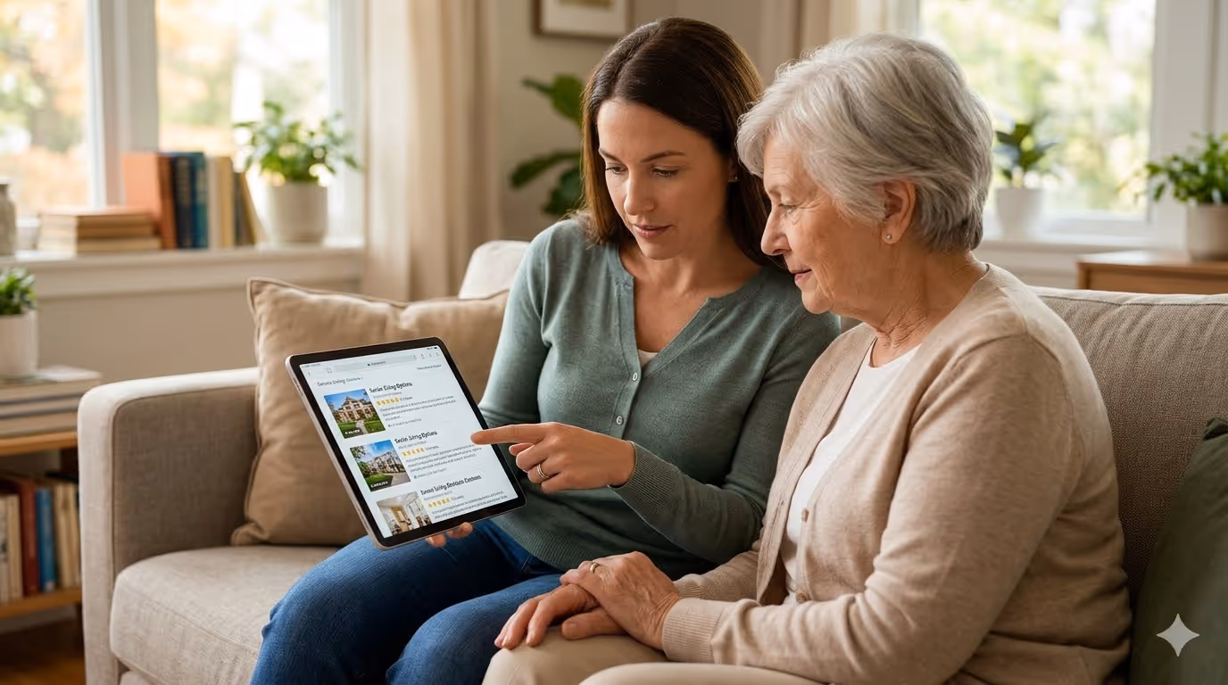 Younger woman showing an older woman home listings on a tablet while sitting on a couch.