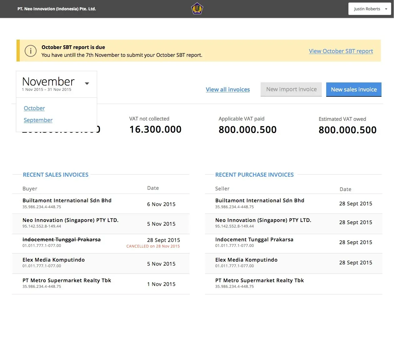 The dashboard concept: a due-date banner for the monthly report, VAT totals for the month, and lists of draft, sales and purchase invoices