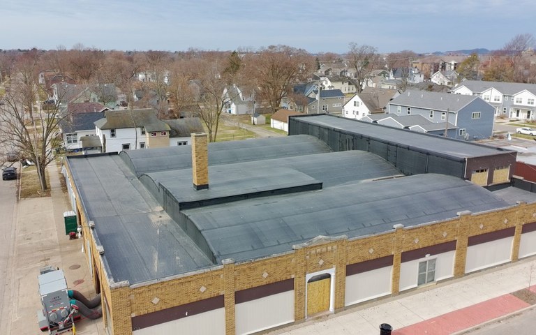 Aerial view of the new EPDM roof at Forge85