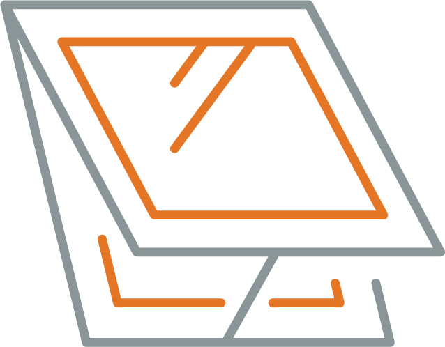 Stylized icon of an open window with an orange frame and reflection lines.
