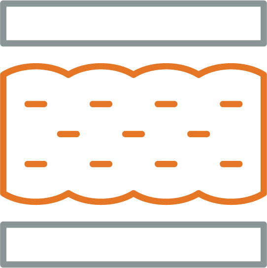 Diagram of floor insulation layer in orange between two gray layers representing floor surfaces.