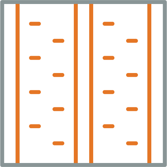 Diagram of two vertical wooden wall studs with horizontal markings between them representing insulation placement.