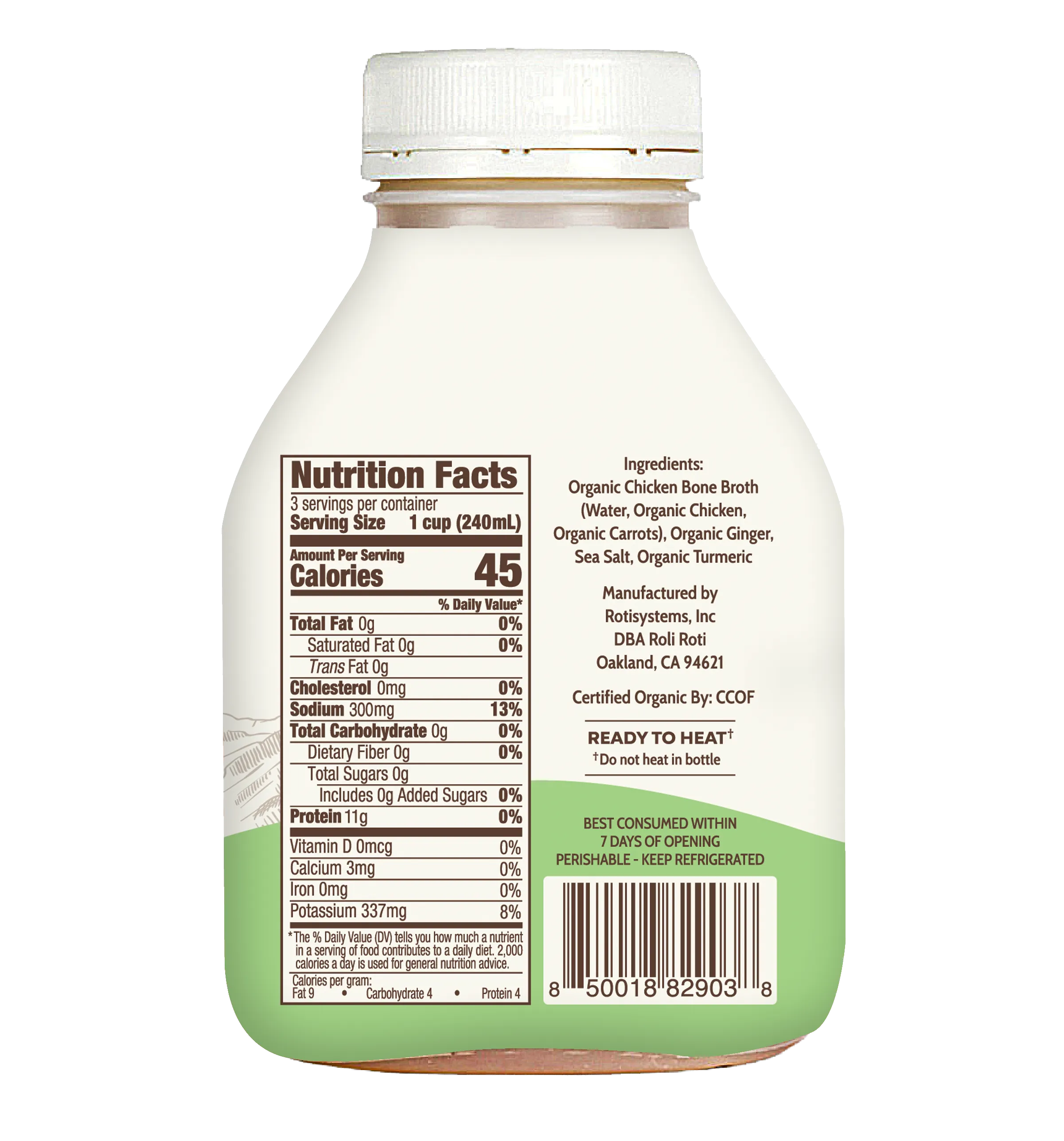 Back of Butcher’s Organic Ginger Turmeric Bone Broth bottle, featuring nutritional panel.