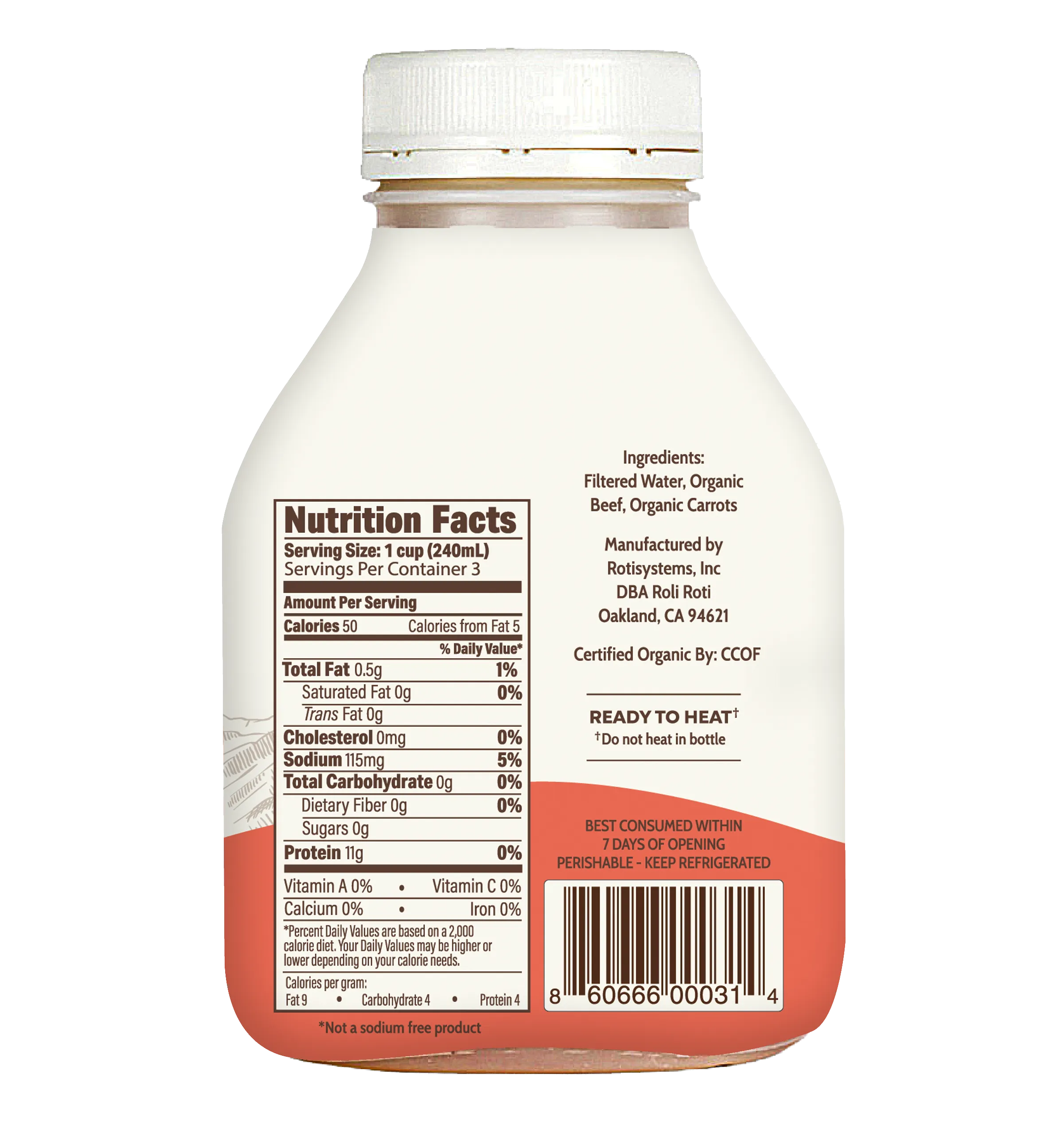 Back of Butcher’s Organic Beef Bone Broth bottle, featuring nutritional panel.
