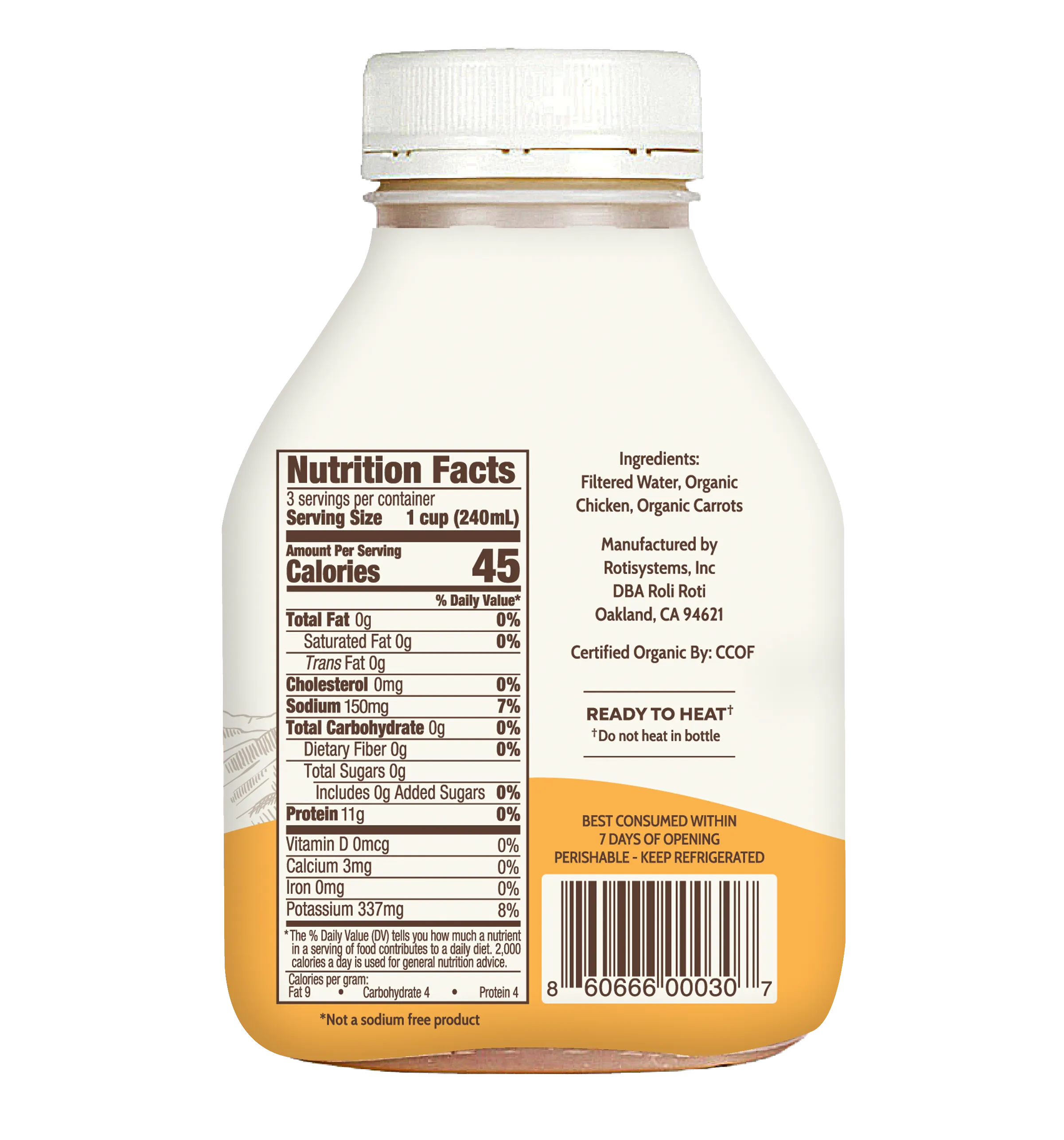 Back of Butcher’s Organic Chicken Bone Broth bottle, featuring nutritional panel.