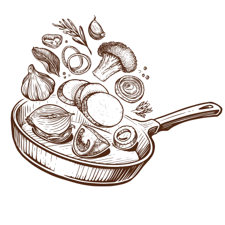 Sketch illustration of a pan cooking vegetables in brown ink