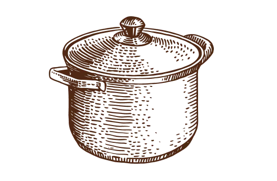 Sketch illustration of a stock pot in brown ink