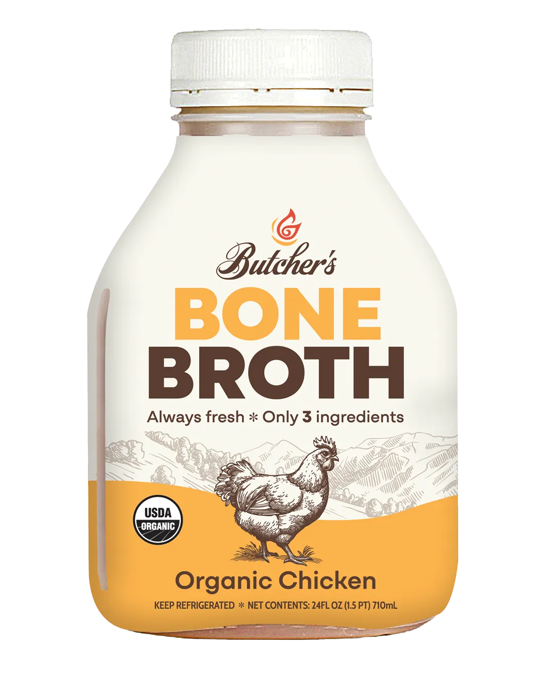 Butcher’s Organic Chicken Bone Broth bottle, featuring a clean label with three simple ingredients.