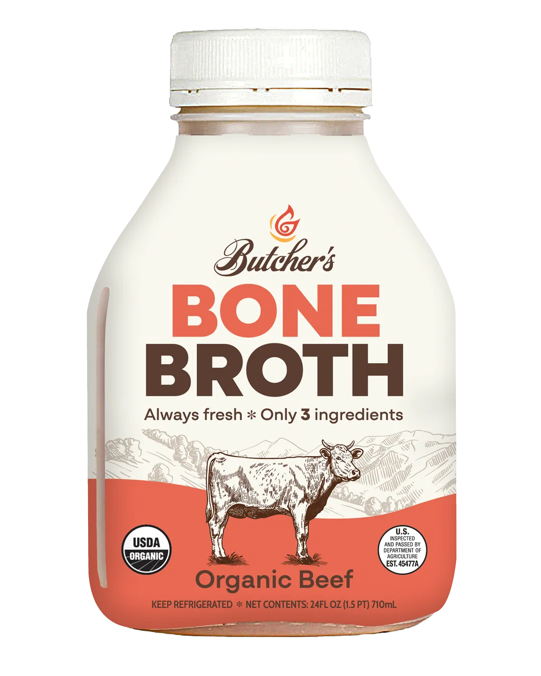 Butcher’s Organic Beef Bone Broth bottle, featuring a clean label with three simple ingredients.