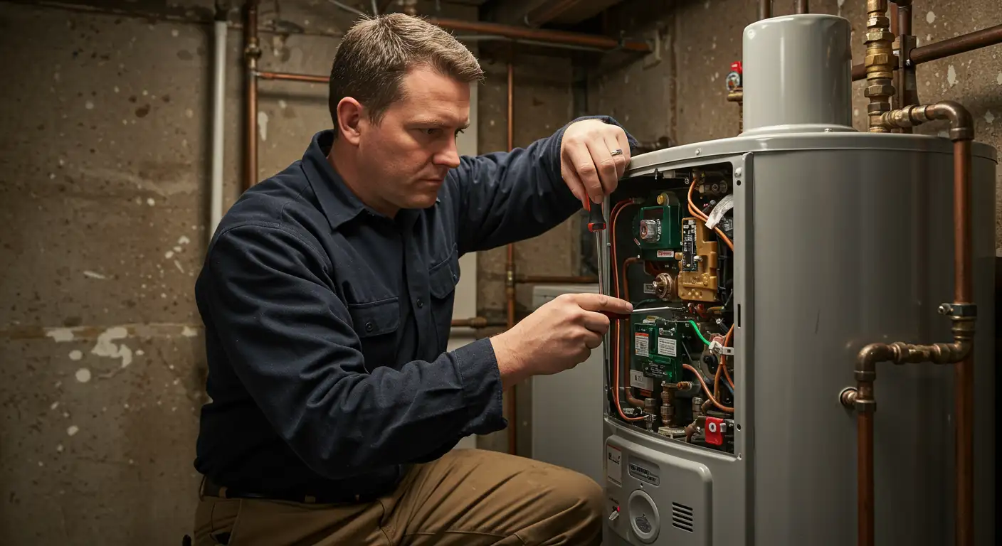 Technician in dark blue shirt examining open control panel of tankless water heater in basement, adjusting internal components