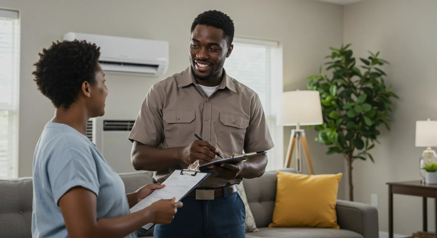A smiling male HVAC technician in a beige uniform talks to a female customer in her living room, both holding clipboards.