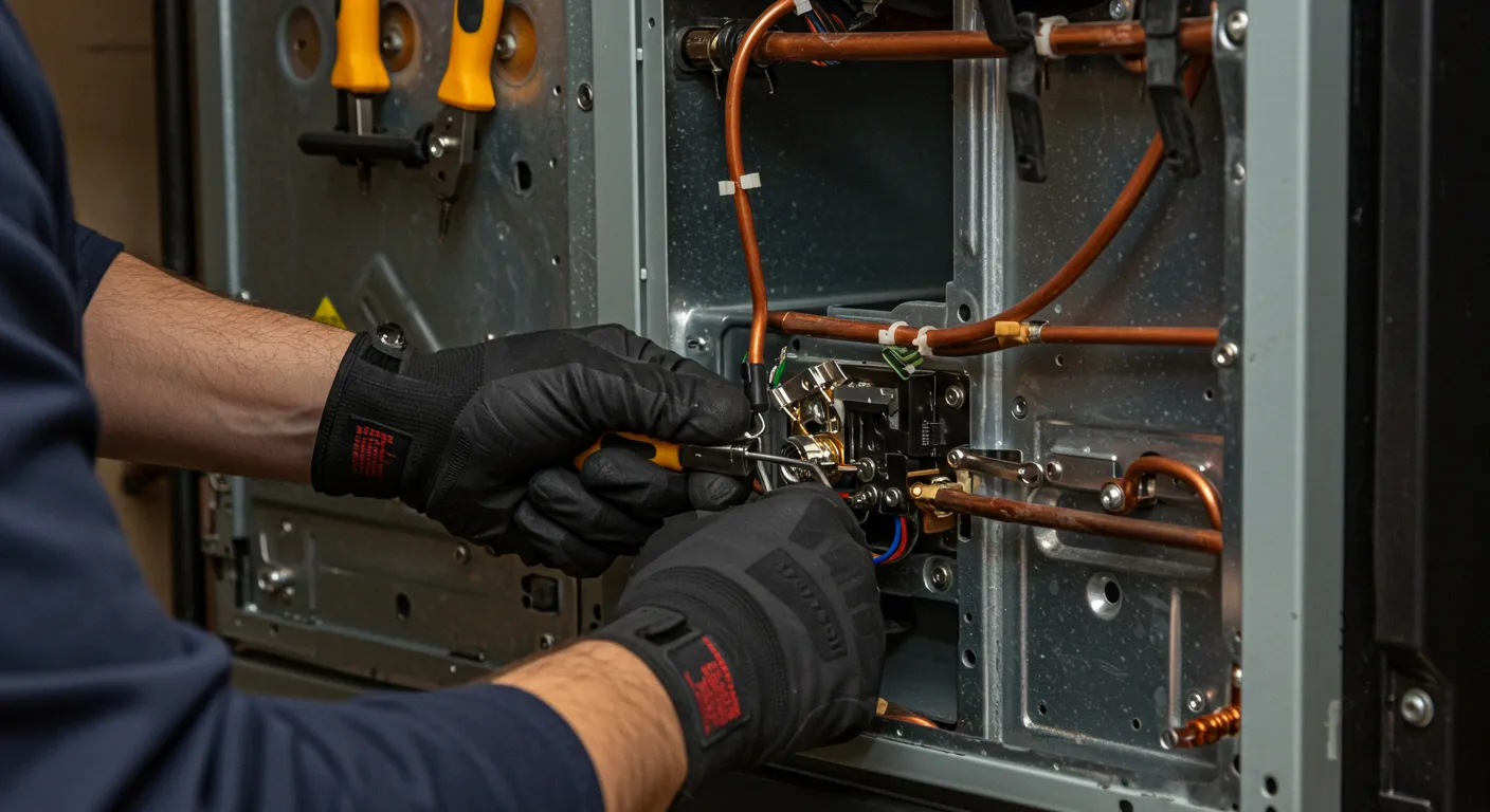 A close-up of a technician's gloved hands using a small tool to tighten a connection on a furnace's copper pipes.