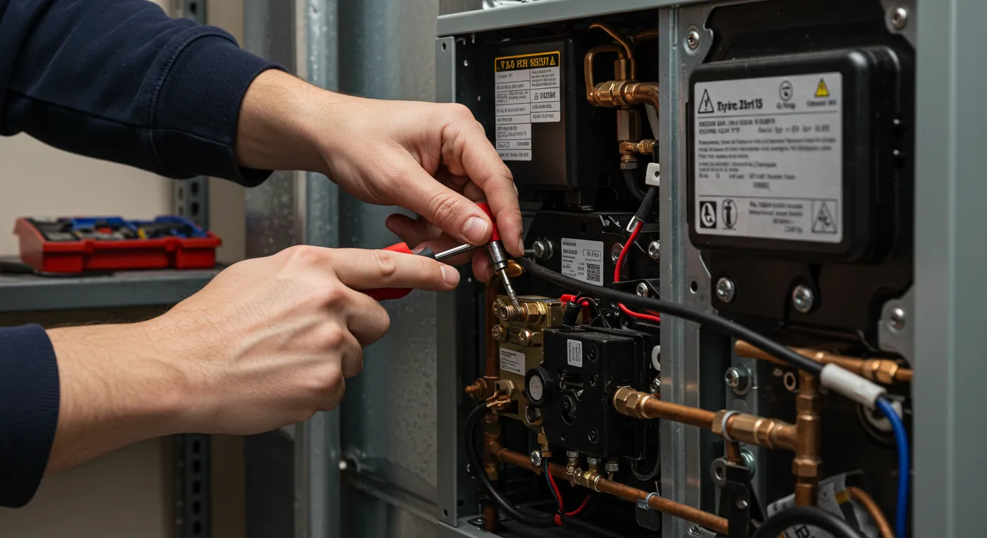 A close-up of a technician's hands using a screwdriver to service a complex system of brass pipes and wires within a furnace.