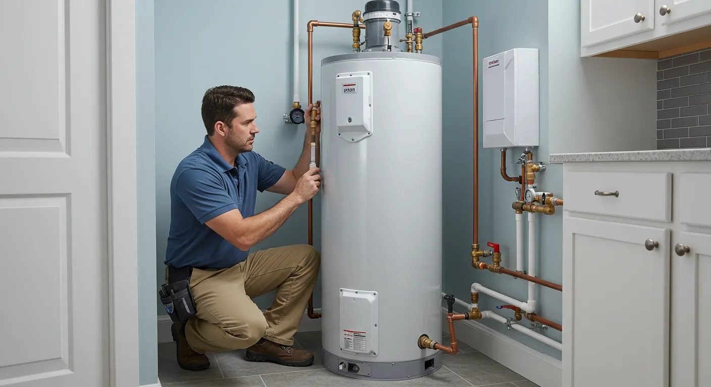 A plumber kneels and installs a new white water heater in a light blue room with white cabinets.