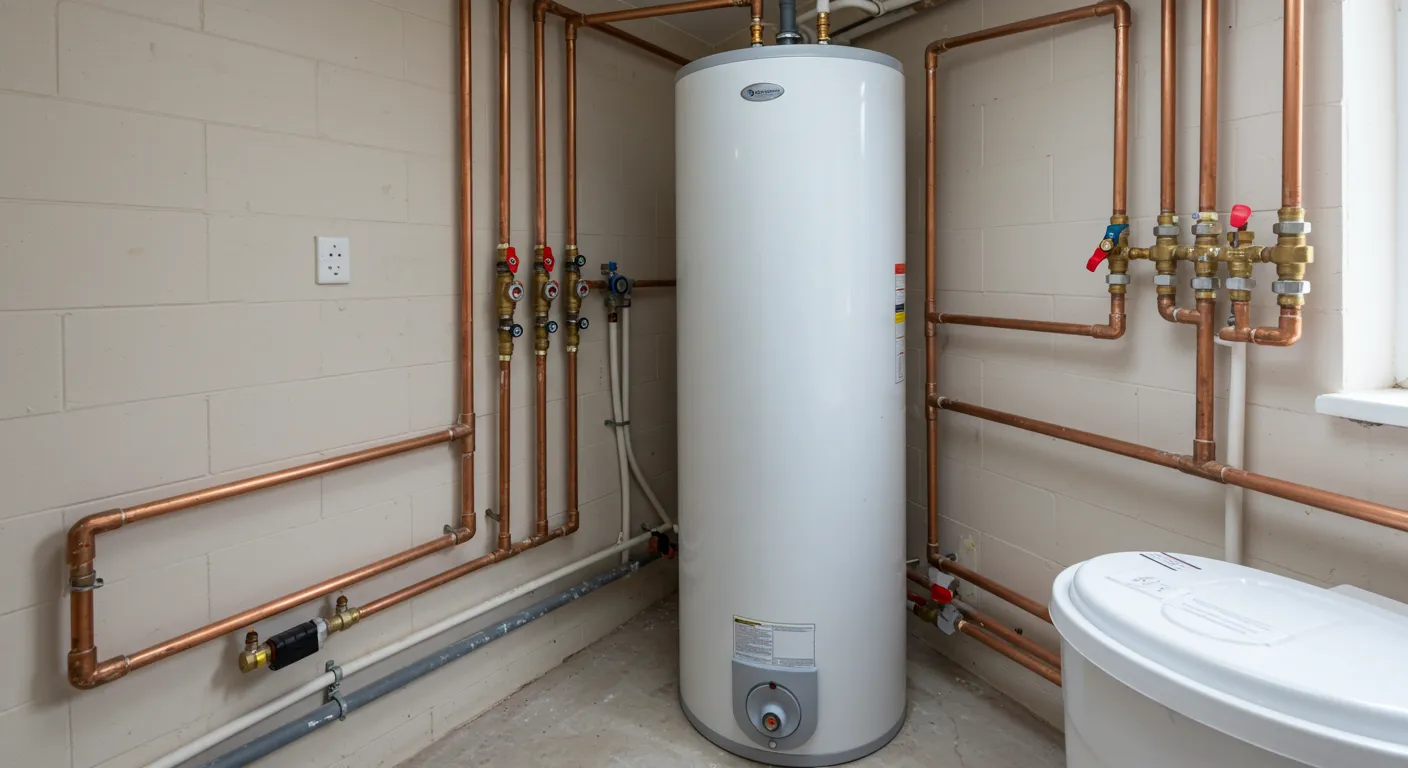 A large white water heater in a room with light brick walls and a water softener unit.