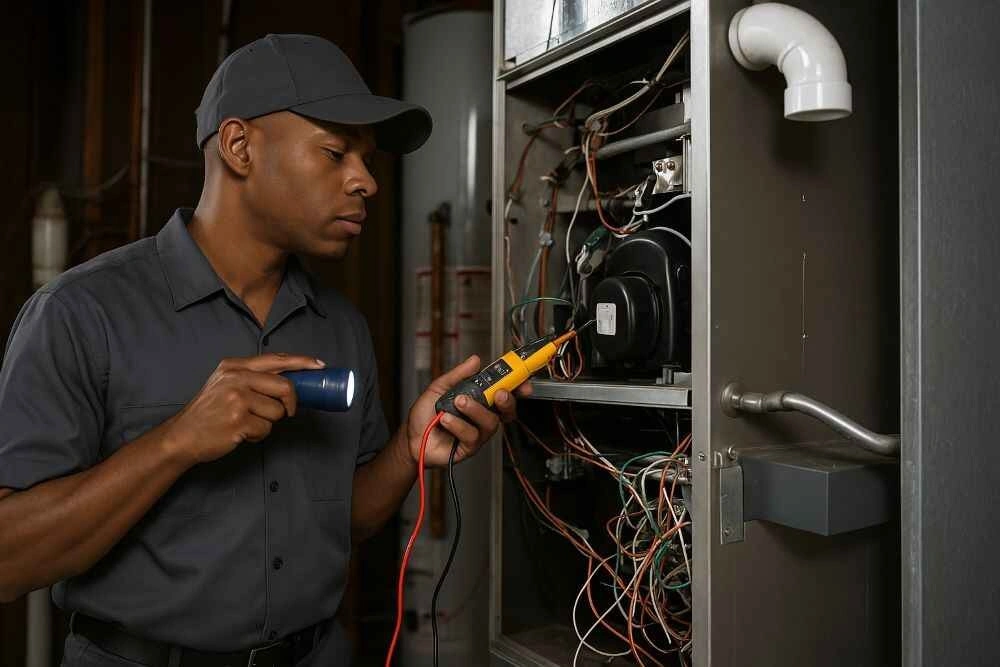 Technician diagnoses furnace using flashlight and meter.