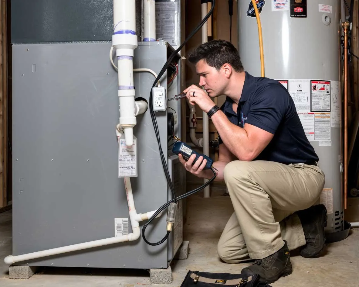 Technician tests electrical outlet near furnace.