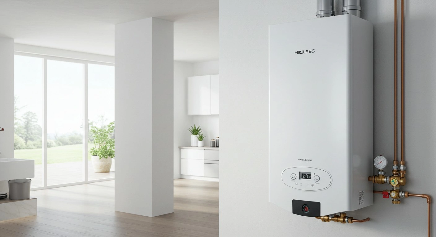 White tankless water heater mounted on a wall in a modern kitchen or utility room.