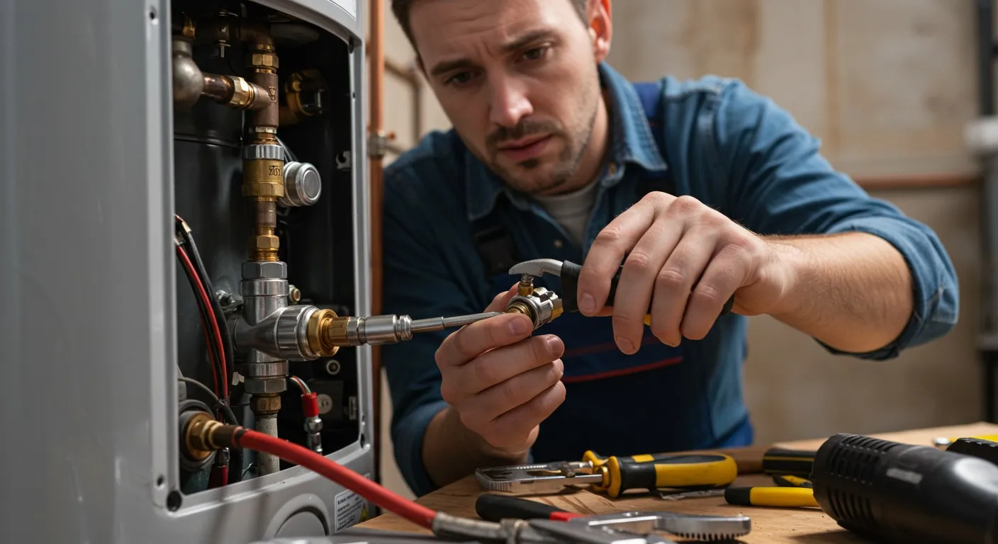 Plumber connecting pipes on a water heater.