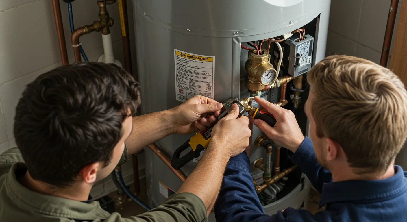 Two technicians replacing parts on a water heater.