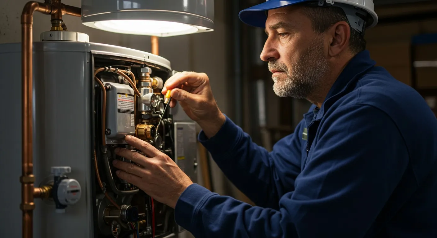 Technician working on a water heater.