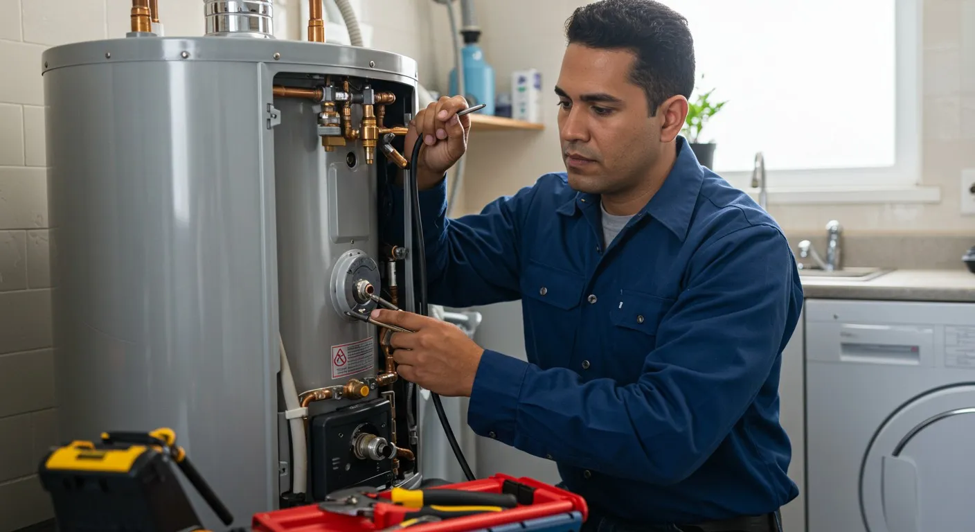Plumber servicing a water heater.