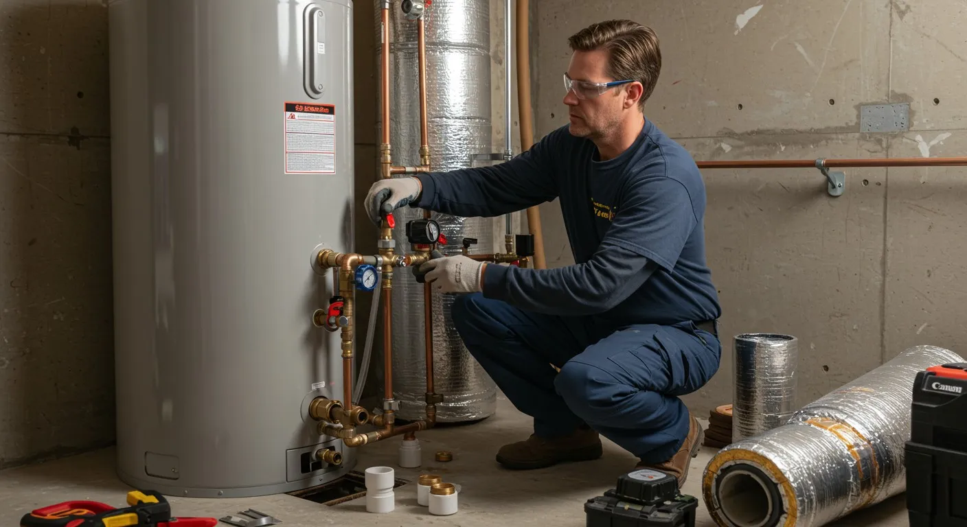 Plumber working on a large water heater.