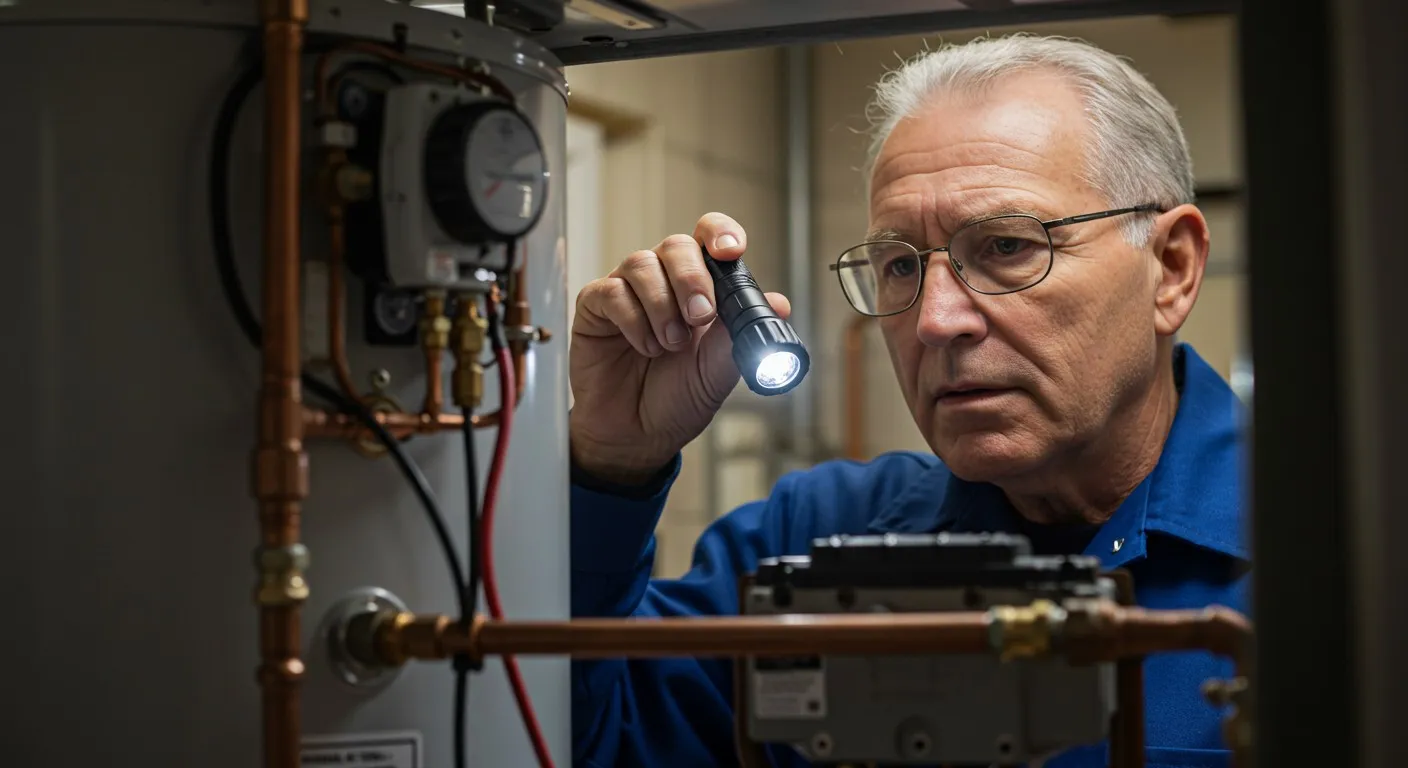 Senior technician inspecting a boiler with flashlight.
